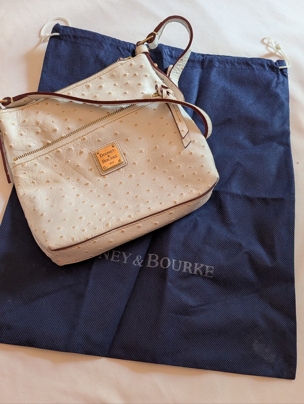 Dooney & Bourke Cream Ostrich-Embossed Shoulder Bag with Brown Trim